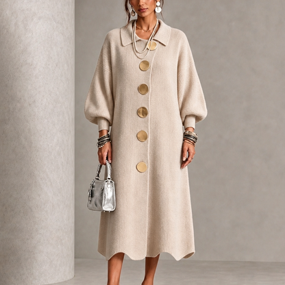 Ribbed Knit Button Front Long Sleeve Scalloped Hem Midi Sweater Dress