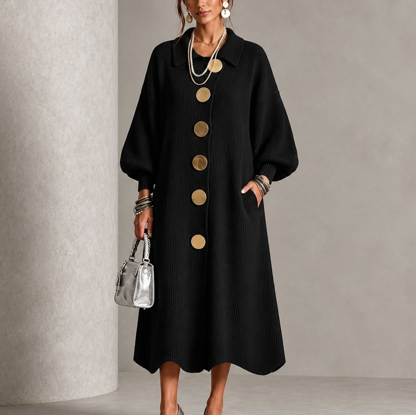 Ribbed Knit Button Front Long Sleeve Scalloped Hem Midi Sweater Dress