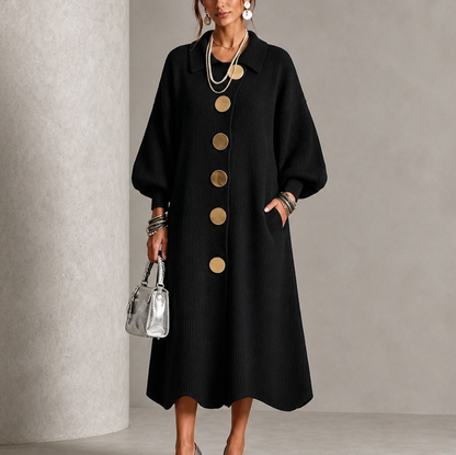 Ribbed Knit Button Front Long Sleeve Scalloped Hem Midi Sweater Dress