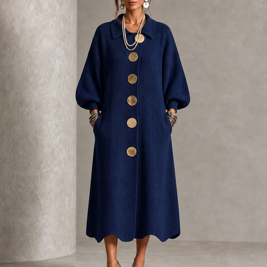 Ribbed Knit Button Front Long Sleeve Scalloped Hem Midi Sweater Dress