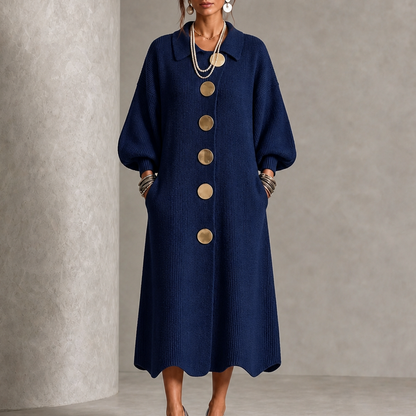 Ribbed Knit Button Front Long Sleeve Scalloped Hem Midi Sweater Dress
