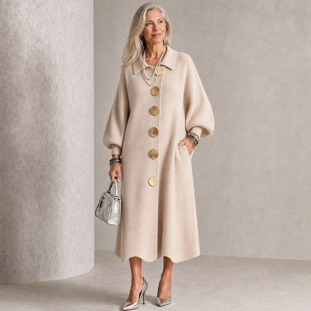 Ribbed Knit Button Front Long Sleeve Scalloped Hem Midi Sweater Dress