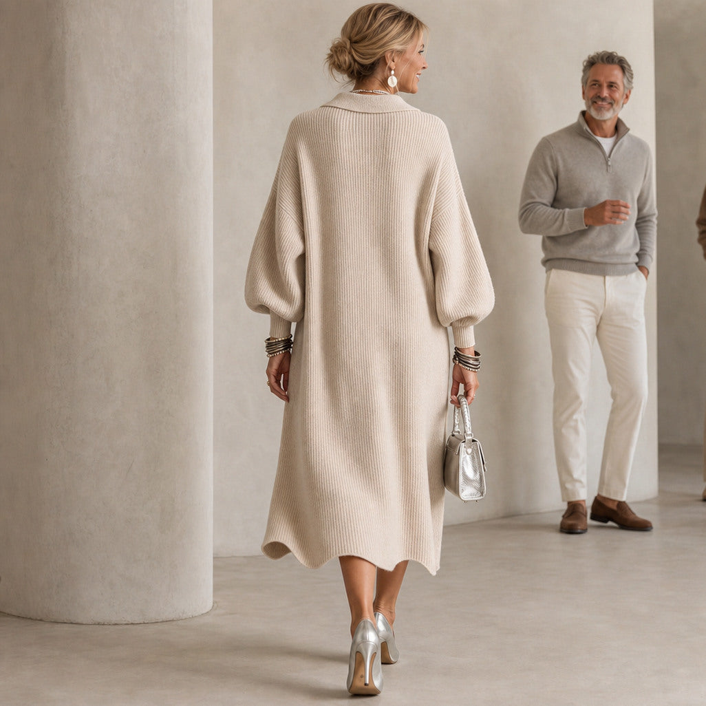 Ribbed Knit Button Front Long Sleeve Scalloped Hem Midi Sweater Dress