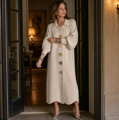 Ribbed Knit Button Front Long Sleeve Scalloped Hem Midi Sweater Dress