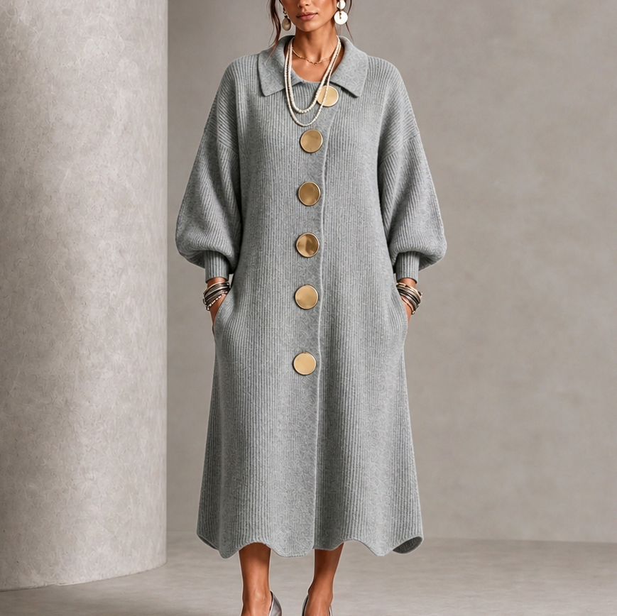 Ribbed Knit Button Front Long Sleeve Scalloped Hem Midi Sweater Dress