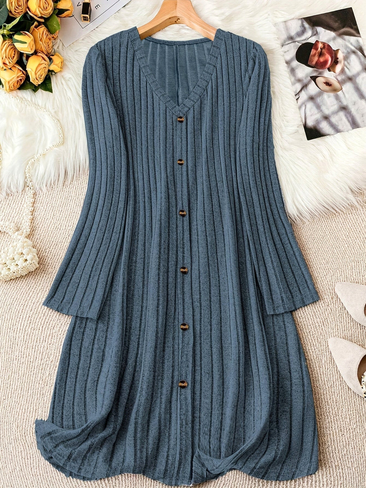 Ribbed Knit Long Sleeve Sweater Dress