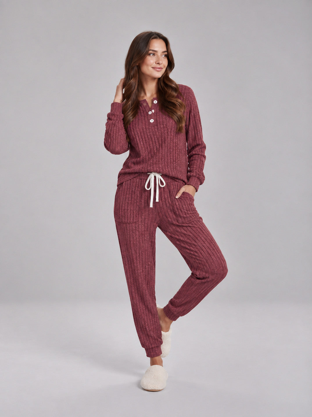 Ribbed Knit Long Sleeve Two Piece Set