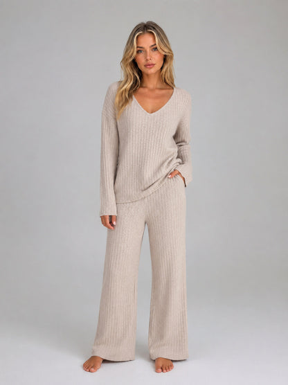 Ribbed Knit Long Sleeve Wide Leg Set