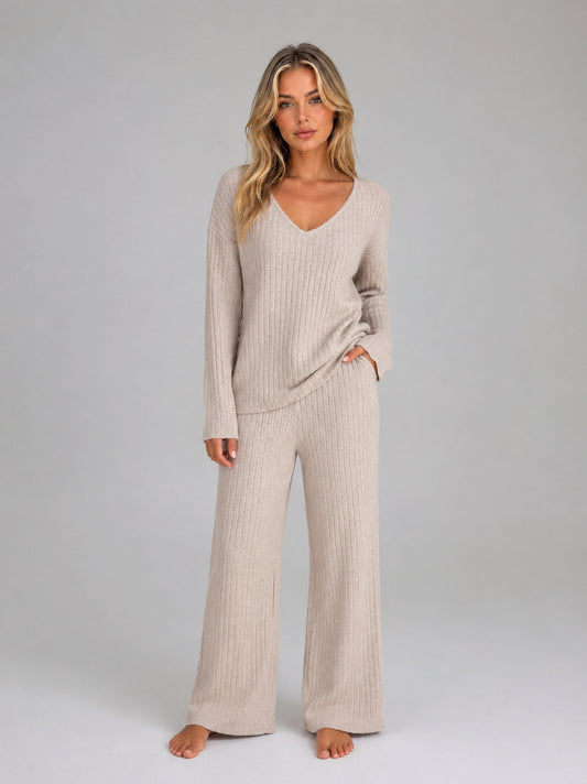 Ribbed Knit Long Sleeve Wide Leg Set