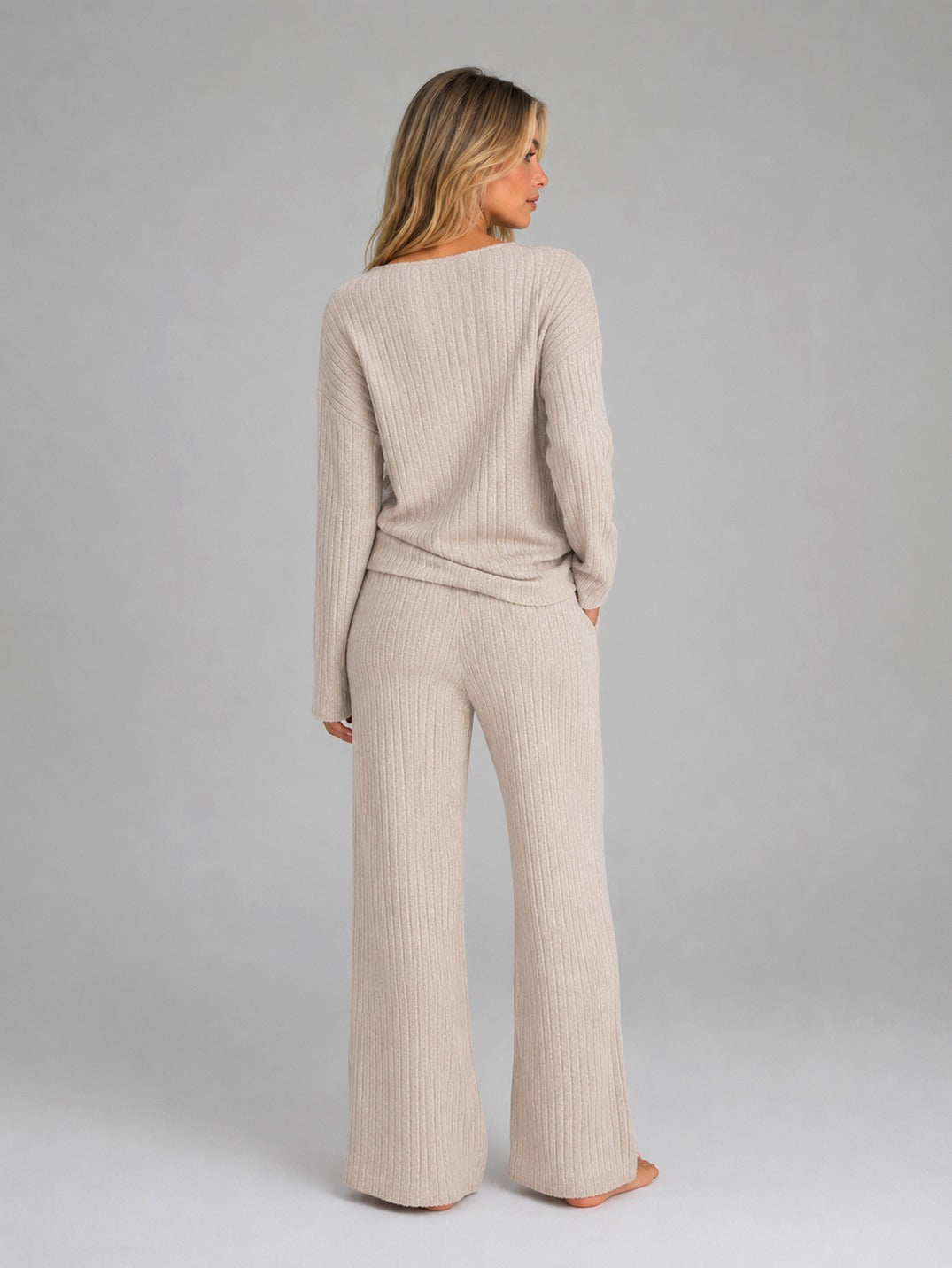 Ribbed Knit Long Sleeve Wide Leg Set