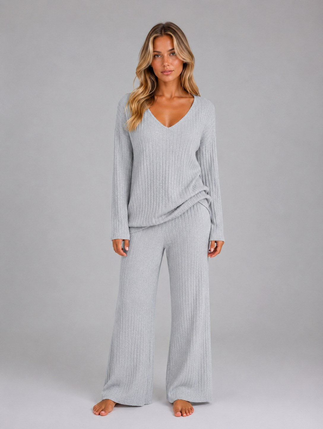 Ribbed Knit Long Sleeve Wide Leg Set