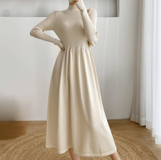 Ribbed Knit Long Sleeve Mock Neck Midi Sweater Dress