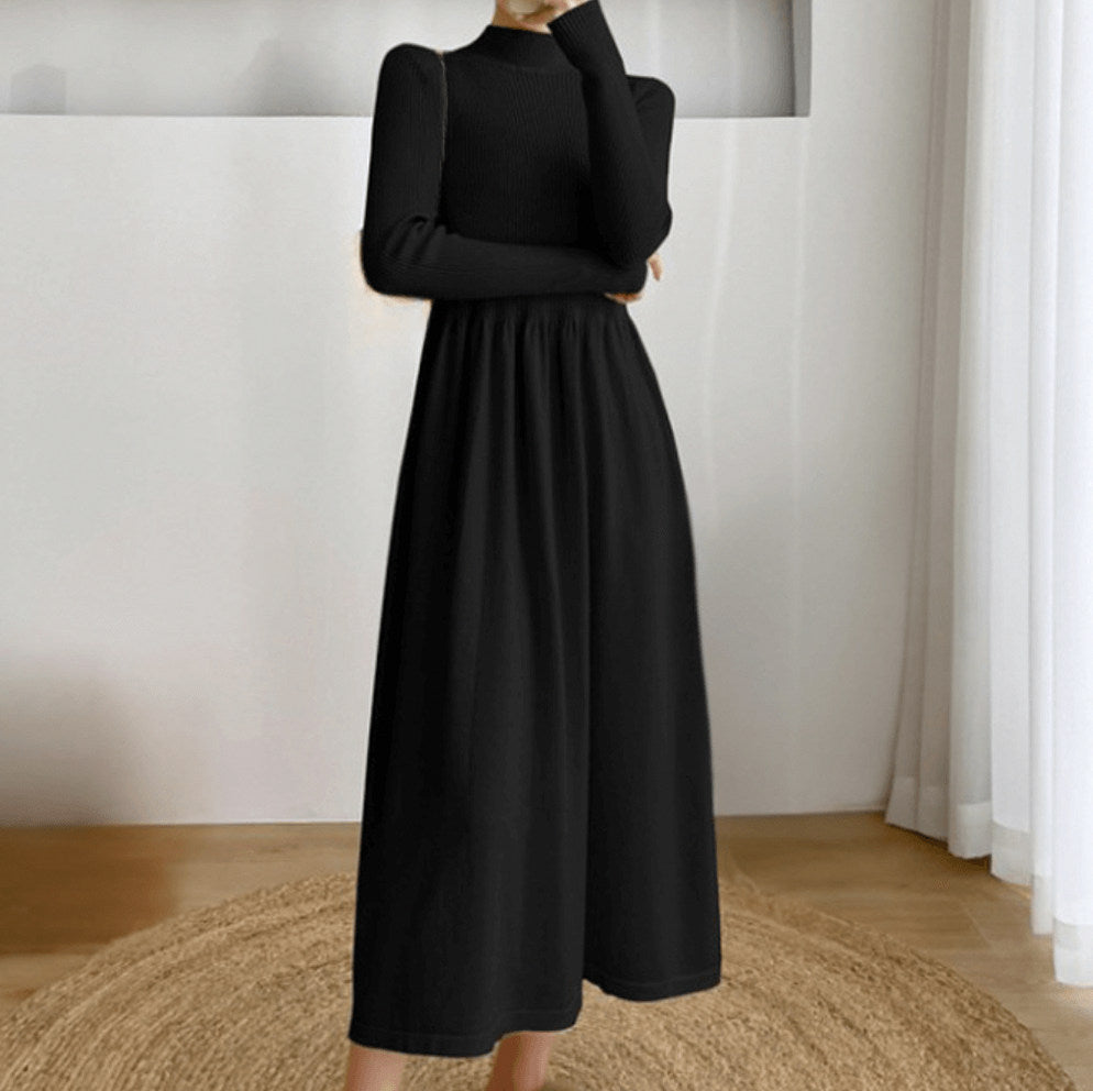 Ribbed Knit Long Sleeve Mock Neck Midi Sweater Dress
