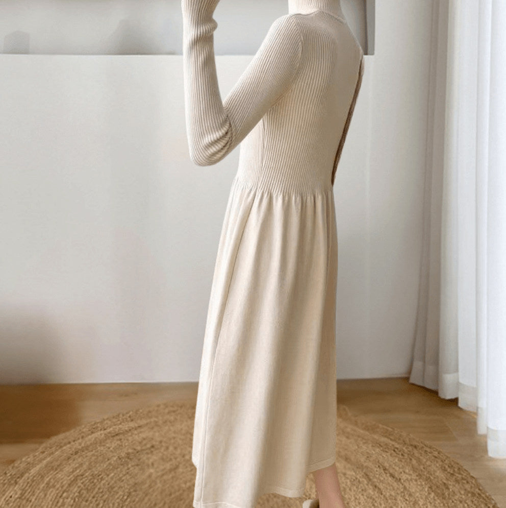 Ribbed Knit Long Sleeve Mock Neck Midi Sweater Dress