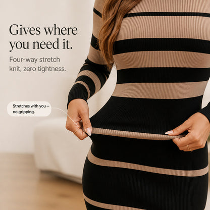 Ribbed Knit Striped Long Sleeve Midi Sweater Dress