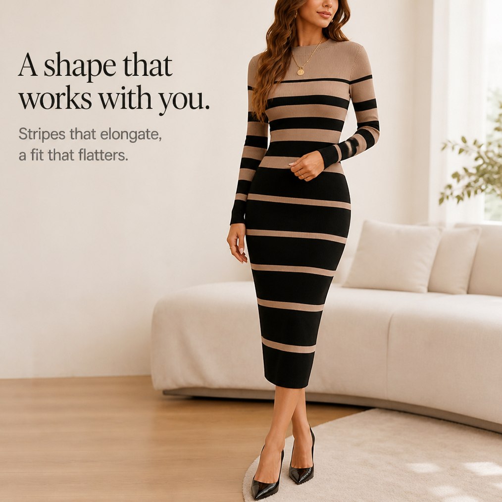 Ribbed Knit Striped Long Sleeve Midi Sweater Dress