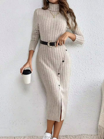 Ribbed Knit Long Sleeve Turtleneck Sweater Dress
