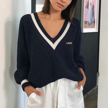 Ribbed Knit V Neck Striped Sweater
