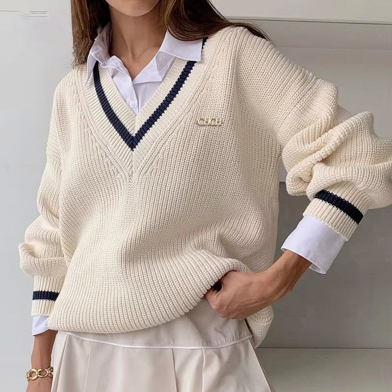 Ribbed Knit V Neck Striped Sweater