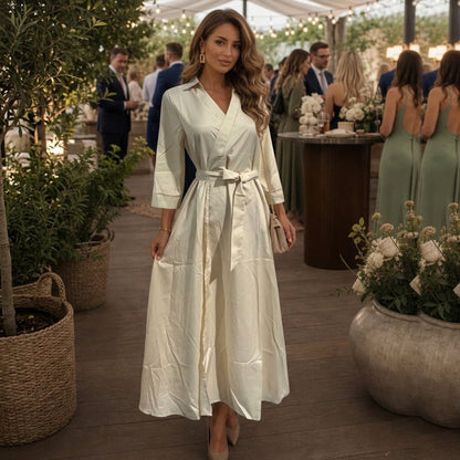 Satin Collared Long Sleeve Maxi Dress