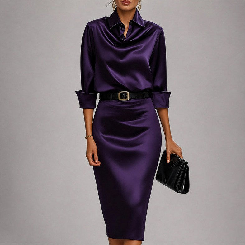 Satin 3/4 Sleeve Cowl Neck Midi Dress