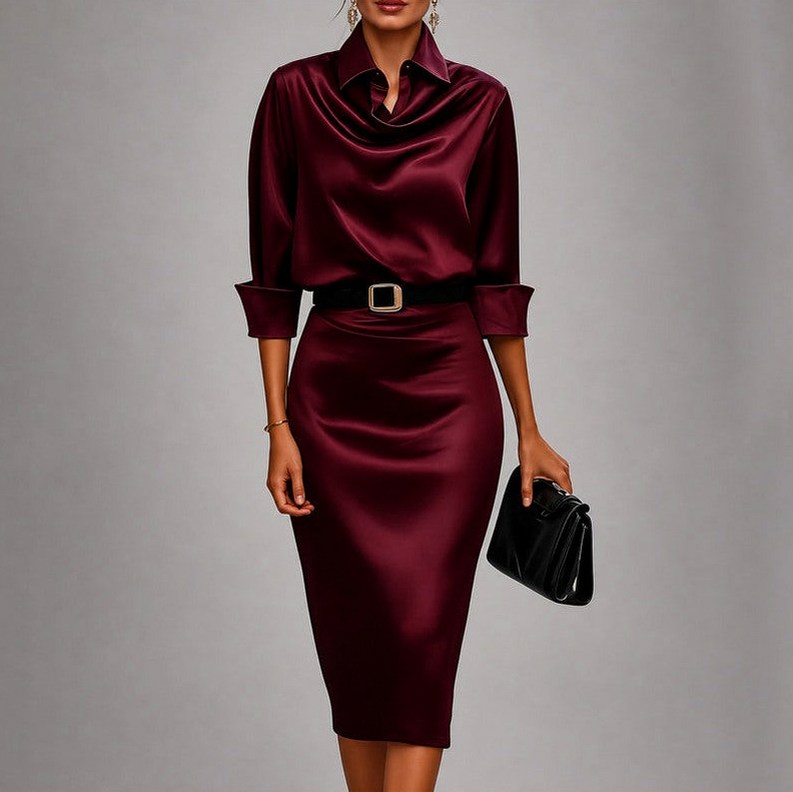 Satin 3/4 Sleeve Cowl Neck Midi Dress
