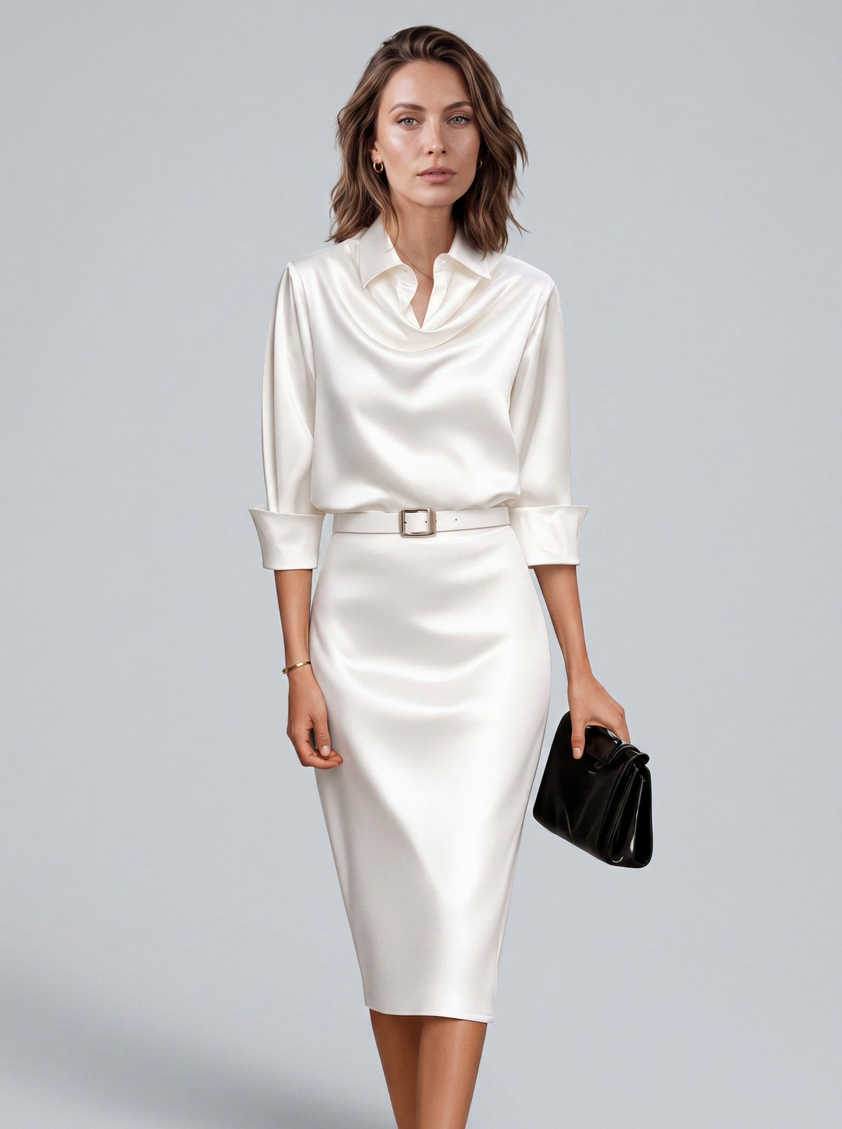 Satin 3/4 Sleeve Cowl Neck Midi Dress