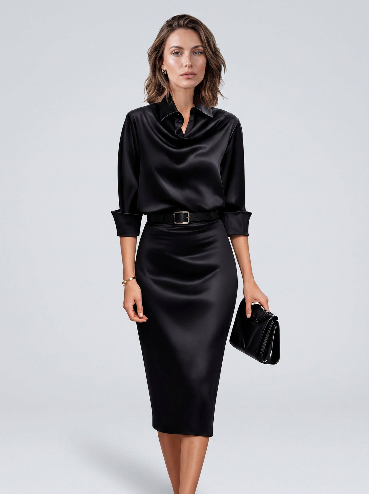 Satin 3/4 Sleeve Cowl Neck Midi Dress