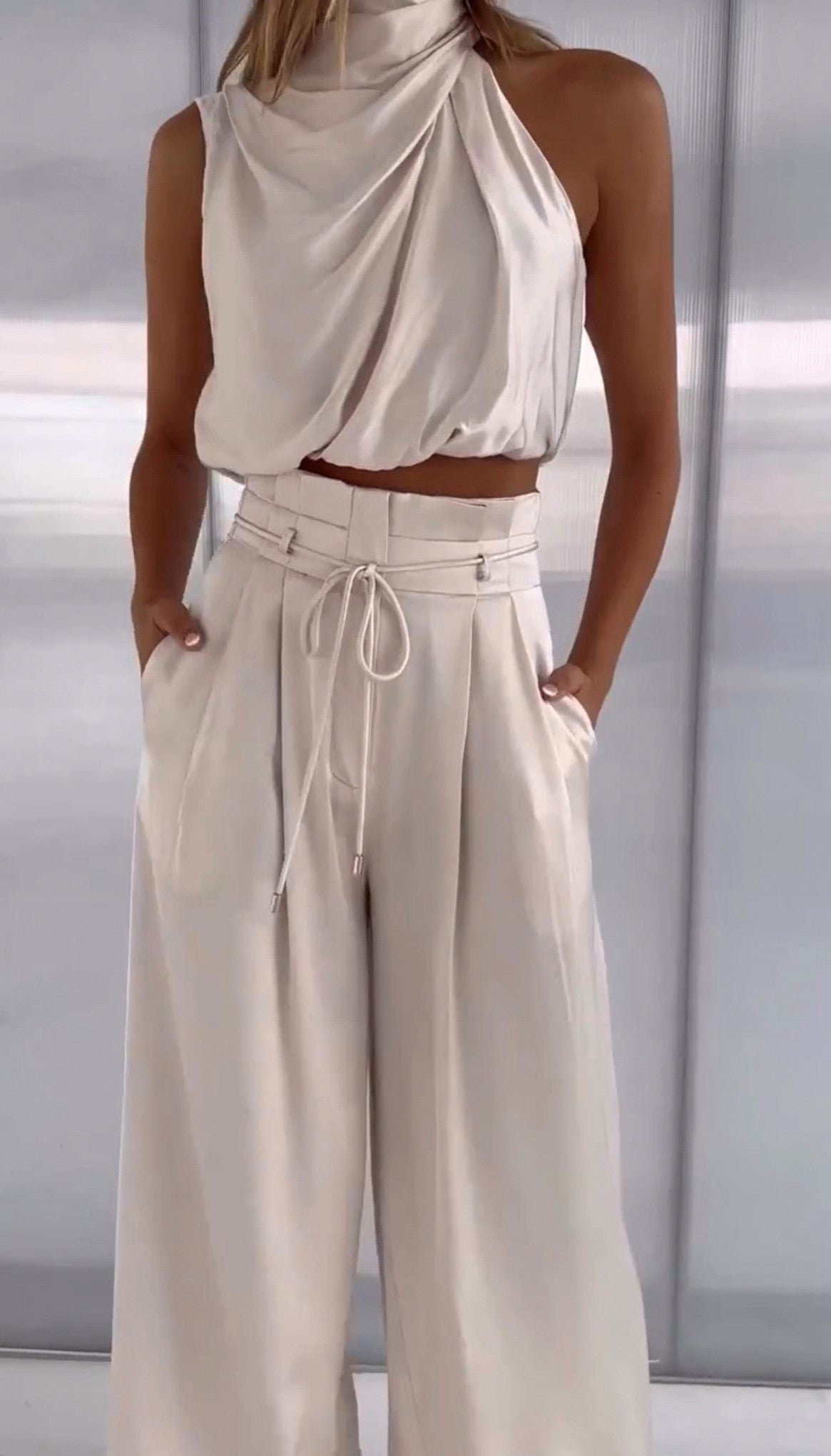 Satin Draped Halter Two Piece Set