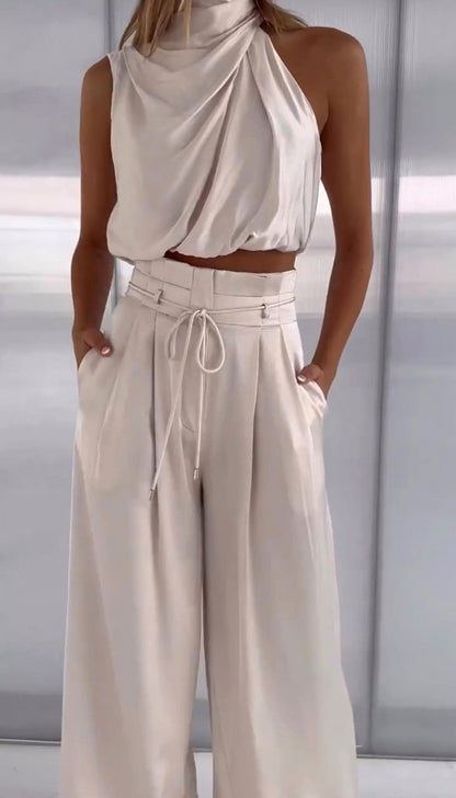 Satin Draped Halter Two Piece Set
