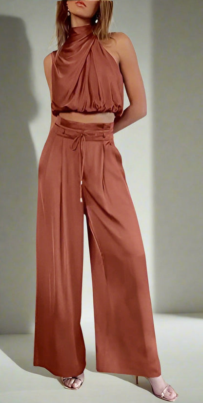 Satin Draped Halter Two Piece Set
