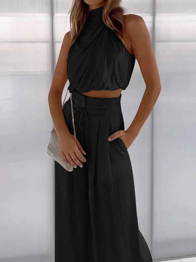 Satin Draped Halter Two Piece Set