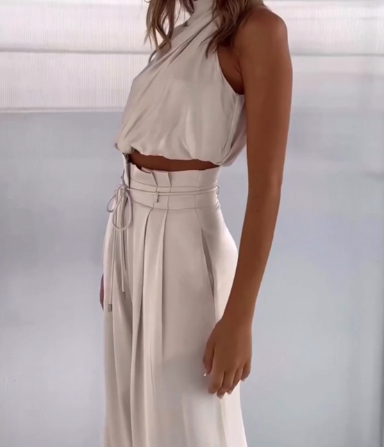 Satin Draped Halter Two Piece Set