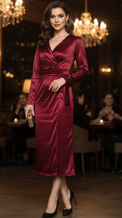 Satin Long Sleeve Wrap Midi Dress