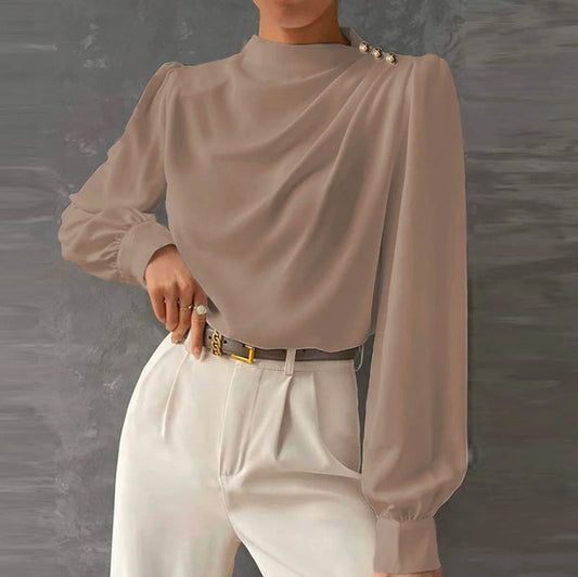 Satin Mock Neck Long Sleeve Blouse
