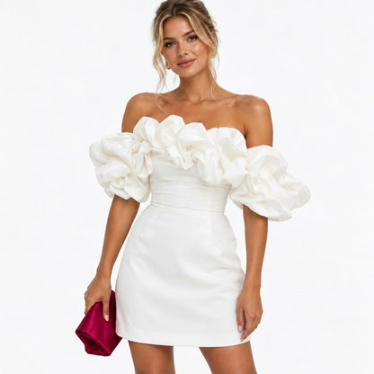 Satin Off Shoulder Ruffle Mini Dress