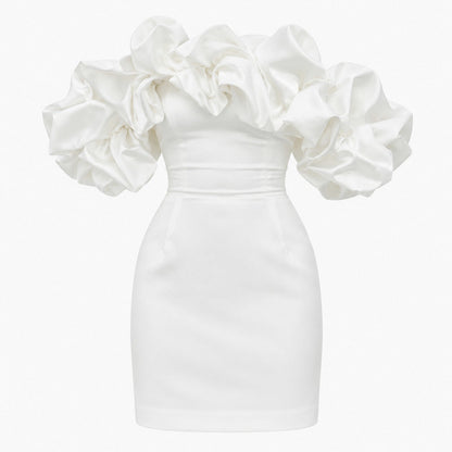 Satin Off Shoulder Ruffle Mini Dress
