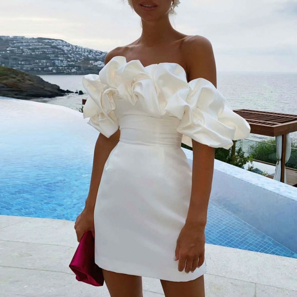 Satin Off Shoulder Ruffle Mini Dress