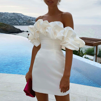 Satin Off Shoulder Ruffle Mini Dress