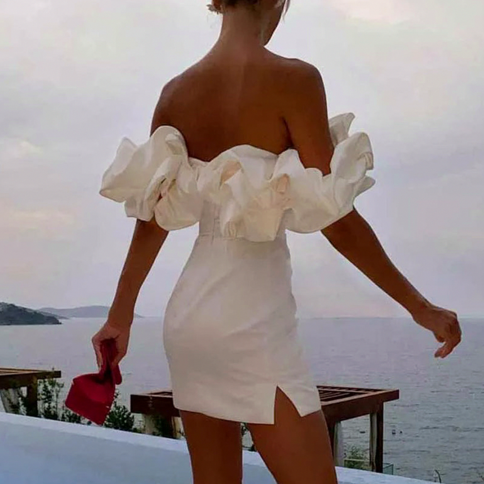 Satin Off Shoulder Ruffle Mini Dress