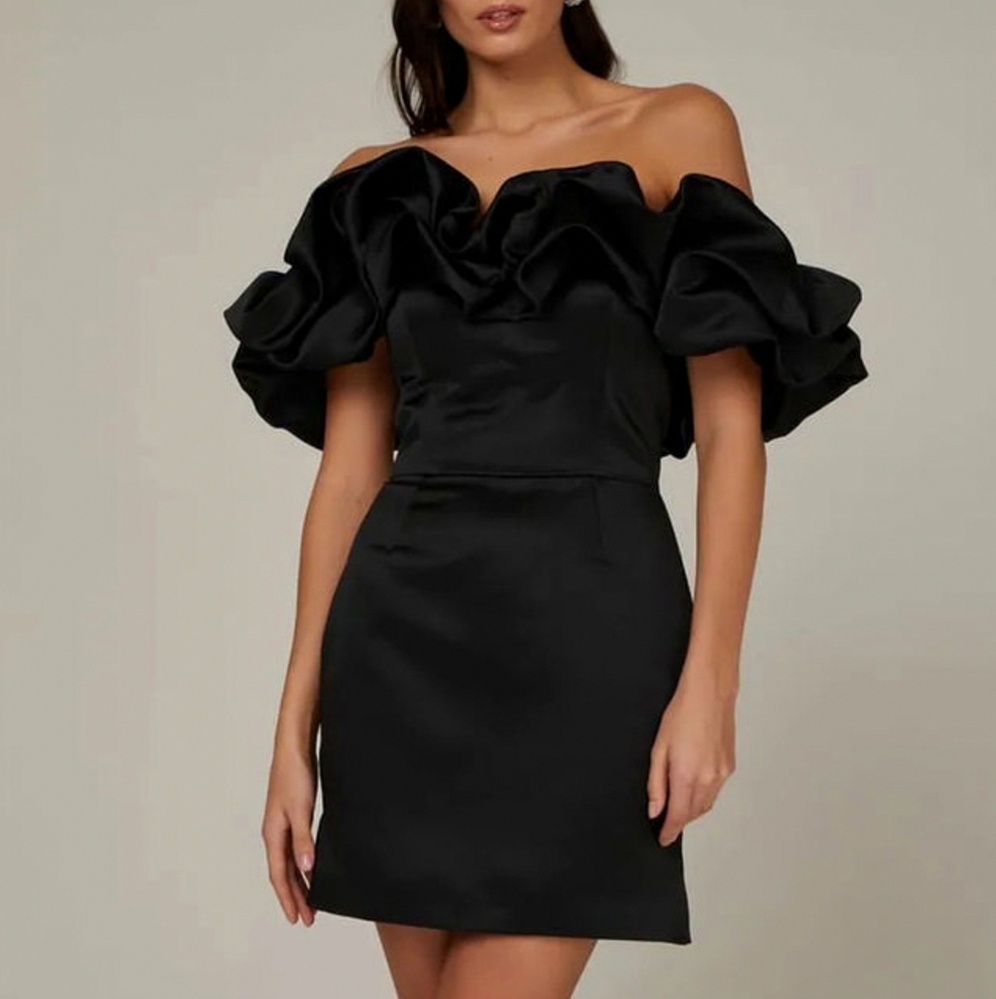 Satin Off Shoulder Ruffle Mini Dress