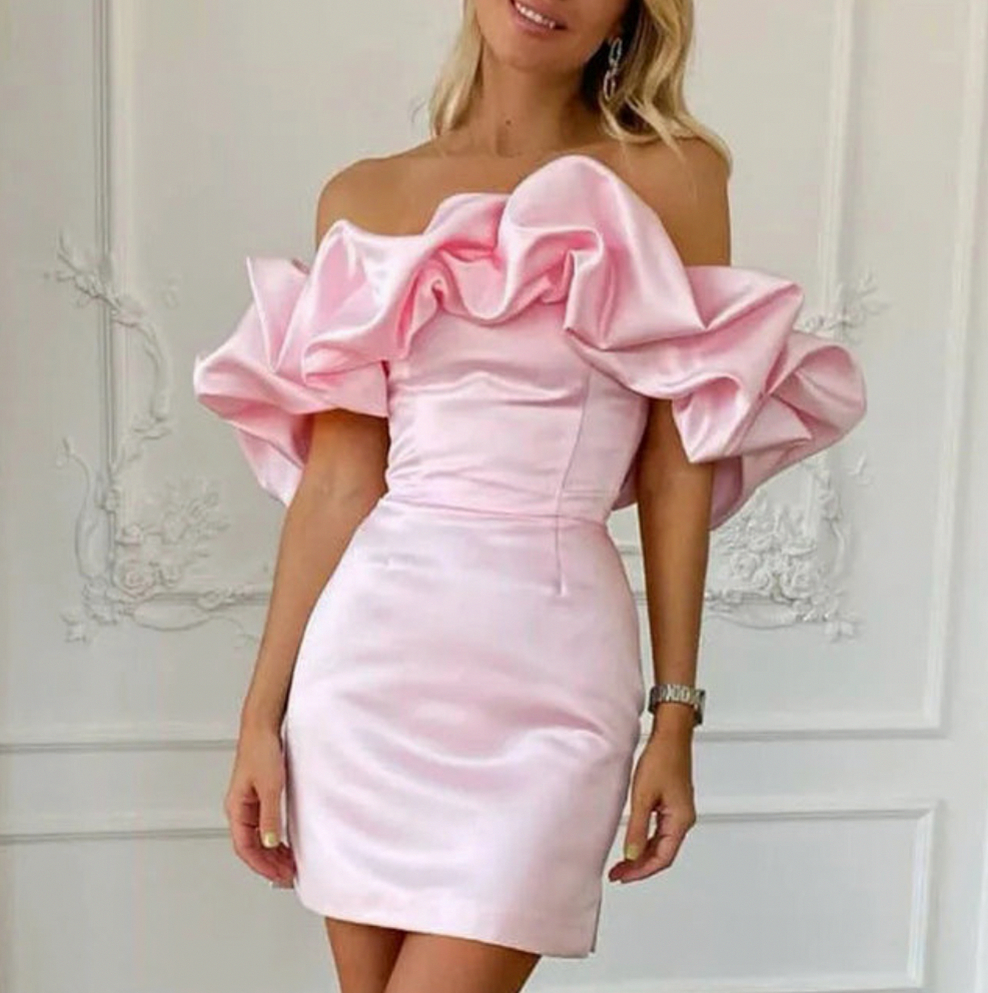 Satin Off Shoulder Ruffle Mini Dress