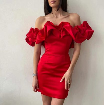 Satin Off Shoulder Ruffle Mini Dress