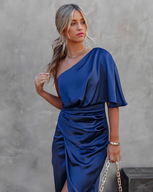Satin One Shoulder Ruched Midi Dress