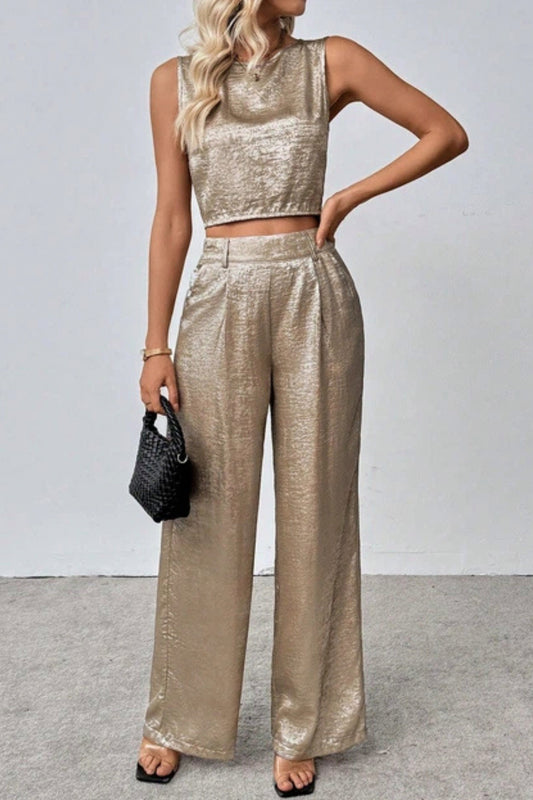 Satin Pleated Wide Leg Matching Set