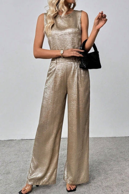 Satin Pleated Wide Leg Matching Set