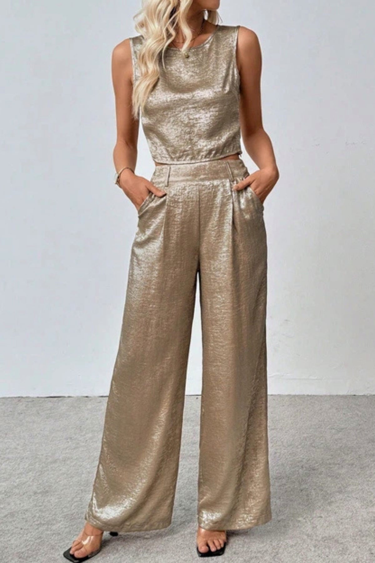 Satin Pleated Wide Leg Matching Set