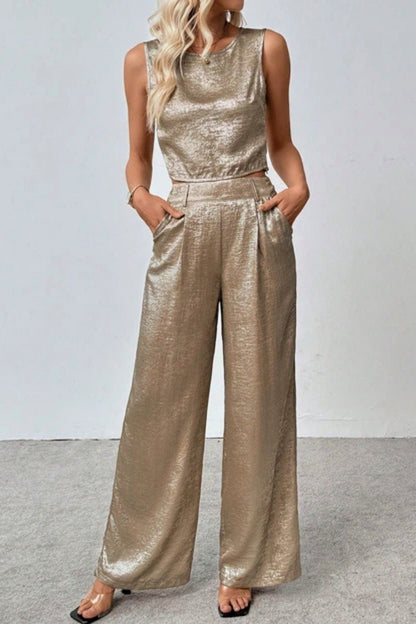 Satin Pleated Wide Leg Matching Set