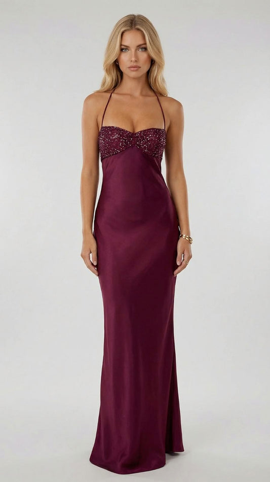 Satin Sequin Bustier Maxi Dress