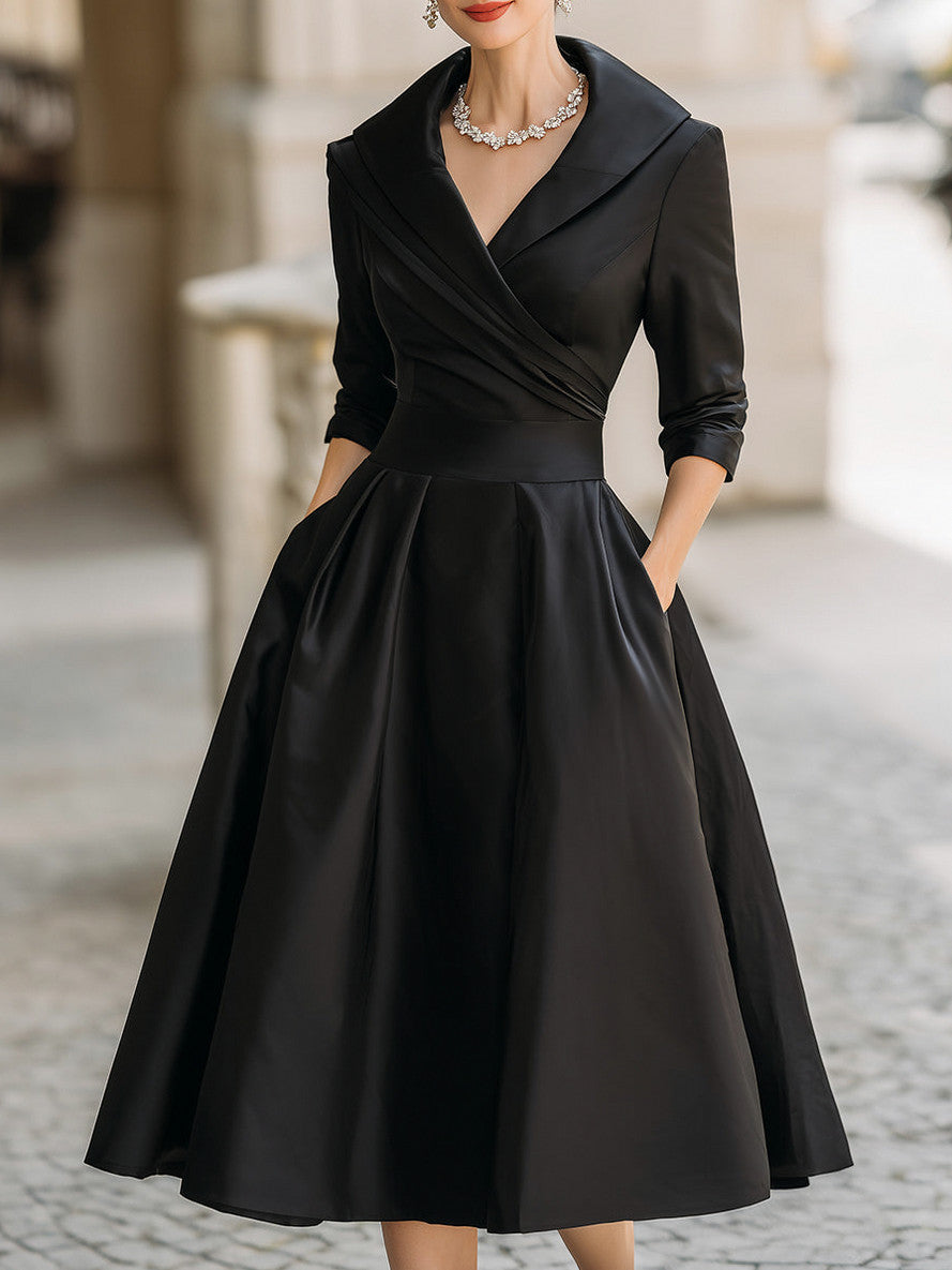 Satin 3/4 Sleeve Shawl Collar Pleated Midi Dress